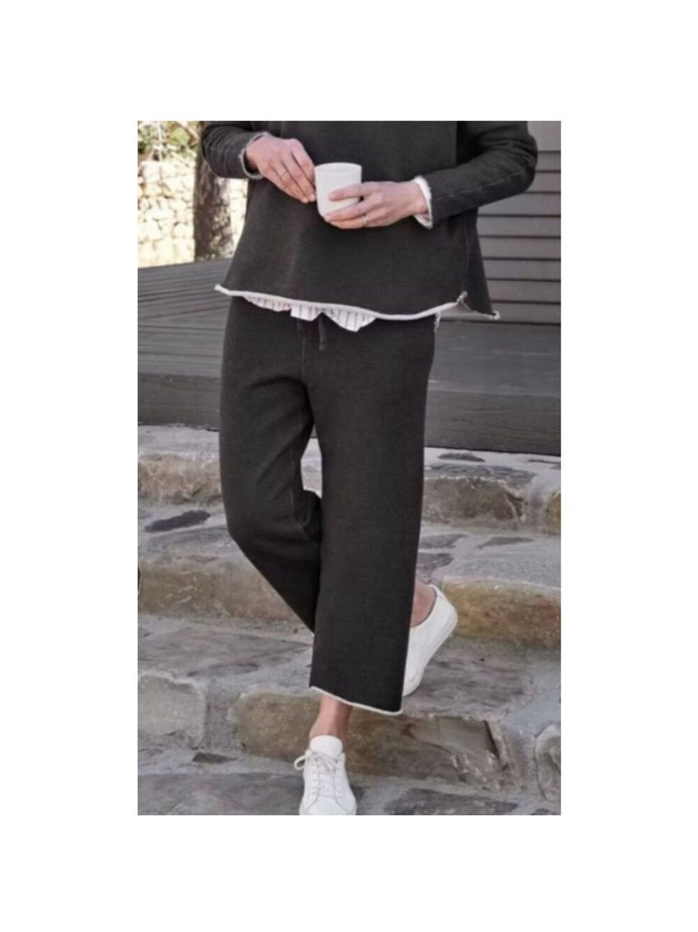 New Frank & Eileen Charcoal Cropped Trouser Leggings w/ White Hem M